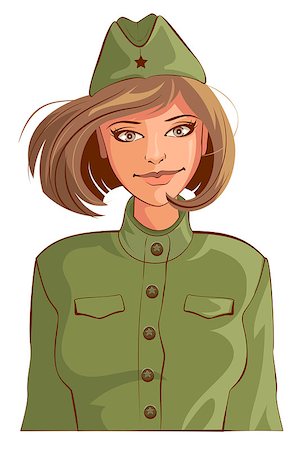Russian woman retro soldier. Isolated on white vector cartoon illustration Stock Photo - Budget Royalty-Free & Subscription, Code: 400-08918634