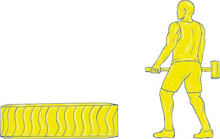 simsearch:400-08920013,k - Drawing sketch style illustration of an athlete working out holding hammer with tire viewed from the side set on isolated white background. Foto de stock - Royalty-Free Super Valor e Assinatura, Número: 400-08918639