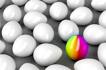 simsearch:632-06118345,k - Concept image with one unique colorful egg among other white eggs Photographie de stock - Aubaine LD & Abonnement, Code: 400-08918652