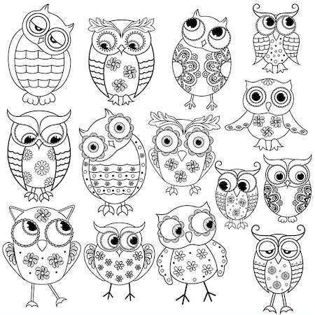 Set of fourteen cartoon ornate amusing owl outlines with big eyes isolated on the white background, vector illustration Stock Photo - Budget Royalty-Free & Subscription, Code: 400-08918675