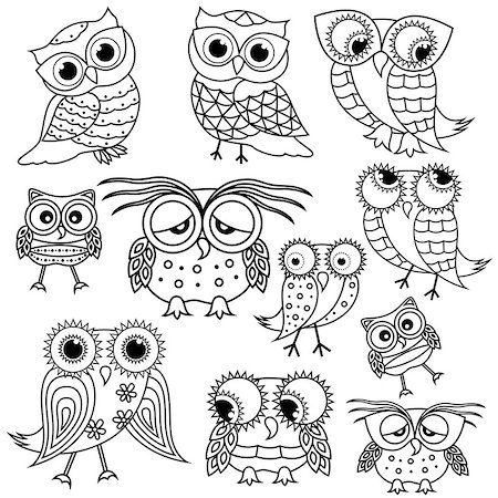 simsearch:400-09120717,k - Set of eleven funny cartoon owl outlines with big eyes and with glasses isolated on the white background, vector illustration Photographie de stock - Aubaine LD & Abonnement, Code: 400-08918673