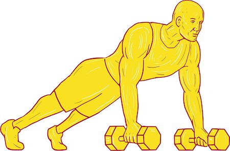 simsearch:400-08920013,k - Drawing sketch style illustration of an athlete working out doing push ups with two hands holding dumbbell set on isolated white background. Foto de stock - Royalty-Free Super Valor e Assinatura, Número: 400-08918689