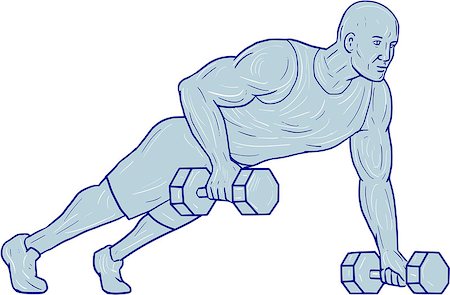 simsearch:400-08623964,k - Drawing sketch style illustration of an athlete working out doing push ups with one hand holding dumbbell set on isolated white background. Foto de stock - Royalty-Free Super Valor e Assinatura, Número: 400-08918690