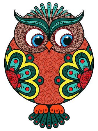 Big stylized colourful ornate funny rounded owl, vector artwork isolated on white background Stock Photo - Budget Royalty-Free & Subscription, Code: 400-08918716