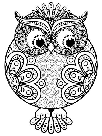 Big stylized ornate rounded owl, black vector contour isolated on white background Stock Photo - Budget Royalty-Free & Subscription, Code: 400-08918717