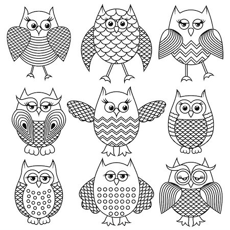 Set of nine cartoon ornate amusing owl outlines with big eyes isolated on the white background, vector illustration Stock Photo - Budget Royalty-Free & Subscription, Code: 400-08918719