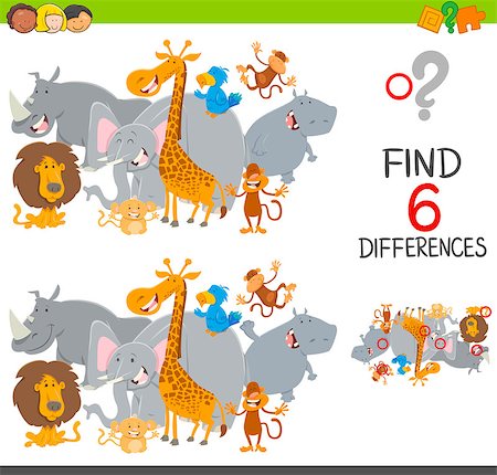 Cartoon Illustration of Finding the Differences Educational Game for Children with Safari Animals Characters Photographie de stock - Aubaine LD & Abonnement, Code: 400-08918725