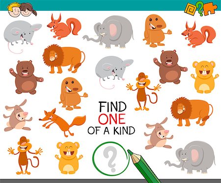 simsearch:400-08917554,k - Cartoon Illustration of Find One of a Kind Educational Activity Game for Preschool Kids with Animals Photographie de stock - Aubaine LD & Abonnement, Code: 400-08918736