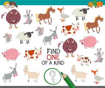 simsearch:400-08917554,k - Cartoon Illustration of Find One of a Kind Educational Activity Game for Kids with Animal Characters Stockbilder - Microstock & Abonnement, Bildnummer: 400-08918737