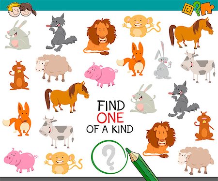 simsearch:400-09091850,k - Cartoon Illustration of Find One of a Kind Educational Activity Game for Preschool Kids with Animals Stock Photo - Budget Royalty-Free & Subscription, Code: 400-08918738