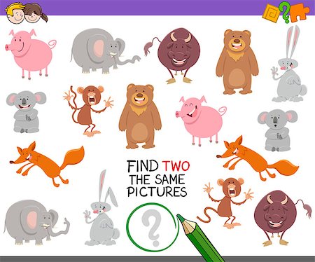 simsearch:400-08917554,k - Cartoon Illustration of Finding Two Identical Pictures Educational Activity for Preschool Children Photographie de stock - Aubaine LD & Abonnement, Code: 400-08918740