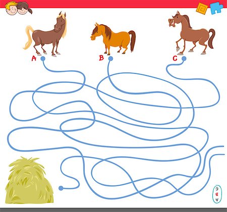 simsearch:400-08973723,k - Cartoon Illustration of Paths or Maze Puzzle Activity Game with Horse Animal Characters and Haystack Foto de stock - Royalty-Free Super Valor e Assinatura, Número: 400-08918771