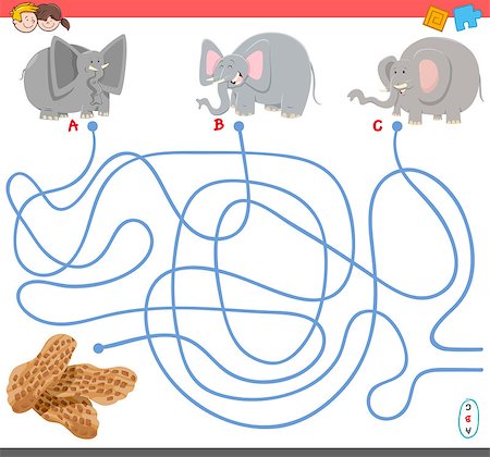 simsearch:400-08973723,k - Cartoon Illustration of Paths or Maze Puzzle Activity Game with Elephant Animal Characters and Peanuts Foto de stock - Royalty-Free Super Valor e Assinatura, Número: 400-08918773