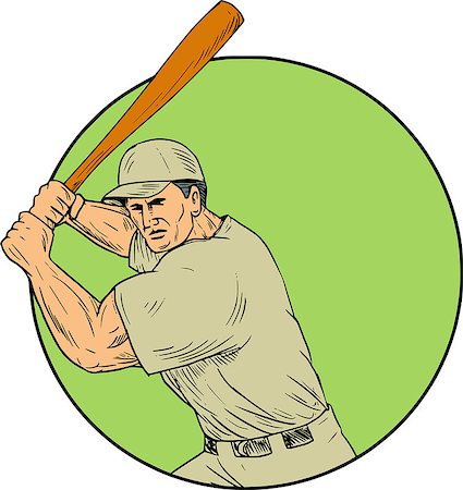 simsearch:400-08920013,k - Drawing sketch style illustration of an american baseball player batter hitter holding bat in batting stance viewed from front set inside circle. Foto de stock - Royalty-Free Super Valor e Assinatura, Número: 400-08918815