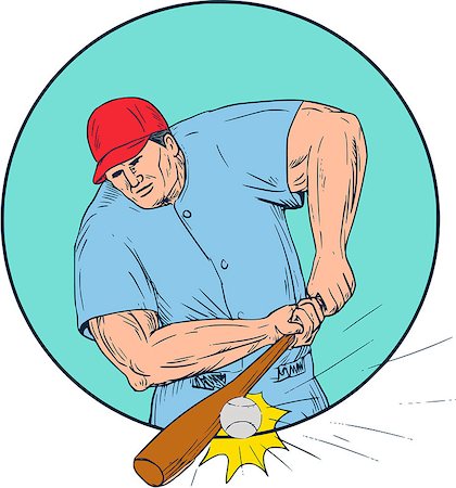 simsearch:400-08920013,k - Drawing sketch style illustration of an american baseball player batter hitter hitting a homerun viewed from front set inside circle. Foto de stock - Royalty-Free Super Valor e Assinatura, Número: 400-08918816
