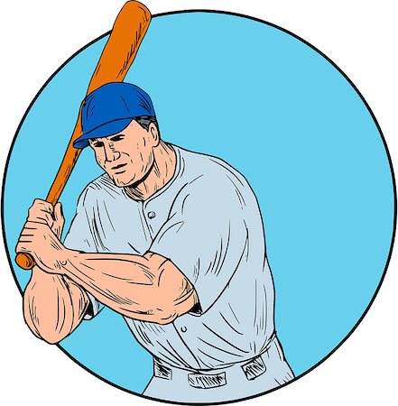 simsearch:400-08623964,k - Drawing sketch style illustration of an american baseball player batter hitter holding bat viewed from front set inside circle. Foto de stock - Royalty-Free Super Valor e Assinatura, Número: 400-08918817