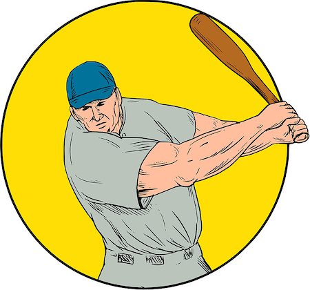 simsearch:400-08623964,k - Drawing sketch style illustration of an american baseball player batter hitter  swinging bat viewed from front set inside circle. Foto de stock - Royalty-Free Super Valor e Assinatura, Número: 400-08918818