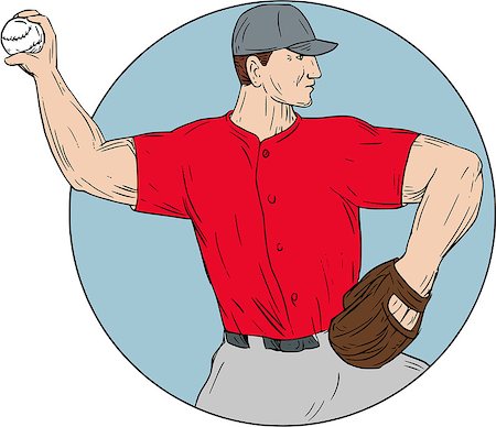 simsearch:400-08917792,k - Drawing sketch style illustration of an american baseball player pitcher outfilelder throwing ball viewed from the side set inside circle on isolated background. Photographie de stock - Aubaine LD & Abonnement, Code: 400-08918837