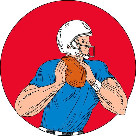 simsearch:400-08623964,k - Drawing sketch style illustration of an american football gridiron quarterback player holding ball ready to throw ball viewed from the side set inside circle on isolated background. Foto de stock - Royalty-Free Super Valor e Assinatura, Número: 400-08918838