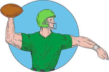 simsearch:400-08623964,k - Drawing sketch style illustration of an american football gridiron quarterback player arms stretched throwing ball viewed from the side set inside circle on isolated background. Foto de stock - Royalty-Free Super Valor e Assinatura, Número: 400-08918839