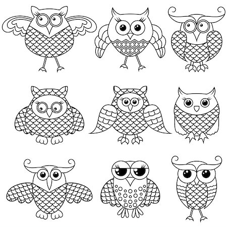 Set of nine stylized cartoon ornate funny owl outlines with big eyes isolated on the white background, vector illustration Stock Photo - Budget Royalty-Free & Subscription, Code: 400-08918845