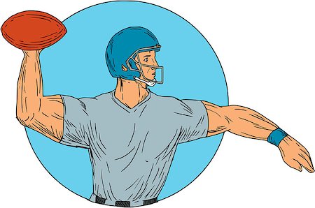 simsearch:400-08917792,k - Drawing sketch style illustration of an american football gridiron quarterback player arms stretched throwing ball viewed from the side set inside circle on isolated background. Photographie de stock - Aubaine LD & Abonnement, Code: 400-08918840