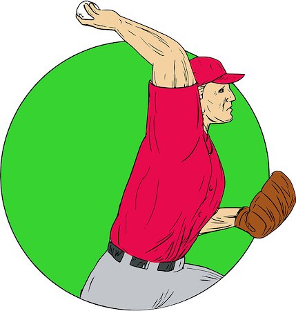 simsearch:400-08917792,k - Drawing sketch style illustration of an american baseball player pitcher outfilelder throwing ball viewed from the side set inside circle on isolated background. Photographie de stock - Aubaine LD & Abonnement, Code: 400-08918964