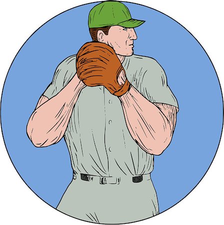 simsearch:400-08917792,k - Drawing sketch style illustration of an american baseball player pitcher outfilelder getting started to throw ball viewed from the side set inside circle on isolated background. Photographie de stock - Aubaine LD & Abonnement, Code: 400-08918962