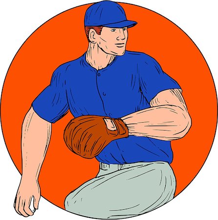 simsearch:400-08917792,k - Drawing sketch style illustration of an american baseball player pitcher outfilelder ready to throw ball viewed from the side set inside circle on isolated background. Photographie de stock - Aubaine LD & Abonnement, Code: 400-08918963