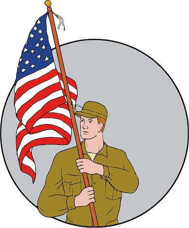 simsearch:400-07325294,k - Drawing sketch style illustration of an american soldier serviceman looking to the side holding usa flag with pole on shoulder set inside circle on isolated background. Fotografie stock - Microstock e Abbonamento, Codice: 400-08919015