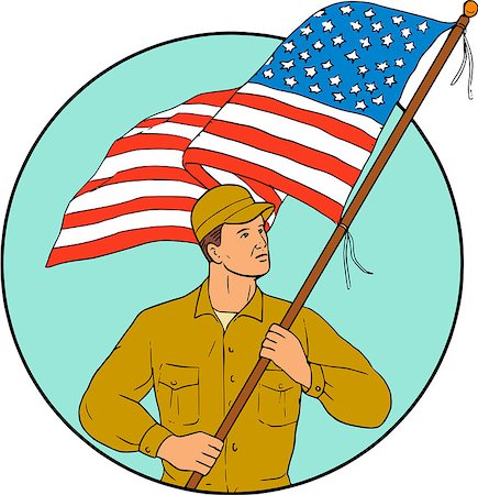 simsearch:400-07325294,k - Drawing sketch style illustration of an american soldier serviceman waving holding usa flag looking to the side set inside circle on isolated background. Fotografie stock - Microstock e Abbonamento, Codice: 400-08919016