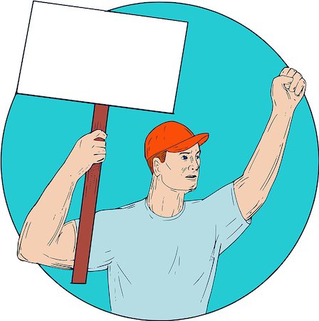 simsearch:400-08917792,k - Drawing sketch style illustration of a unionl worker protester activist unionist  protesting striking with fist up holding up a placard sign looking to the side set inside circle on isolated background. Photographie de stock - Aubaine LD & Abonnement, Code: 400-08919018