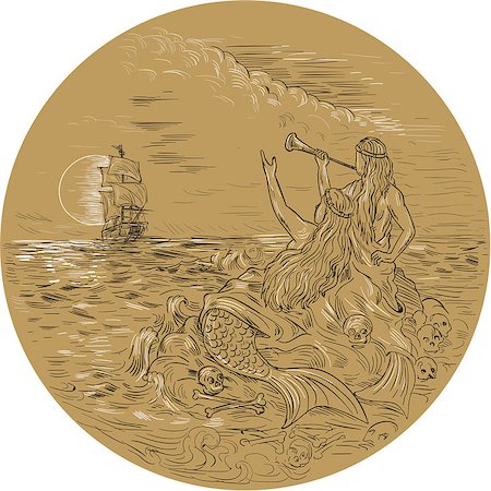 simsearch:400-08917363,k - Drawing sketch style illustration of two sirens on an island waving calling a tall ship set inside circle with full moon in the background. Stock Photo - Budget Royalty-Free & Subscription, Code: 400-08919022