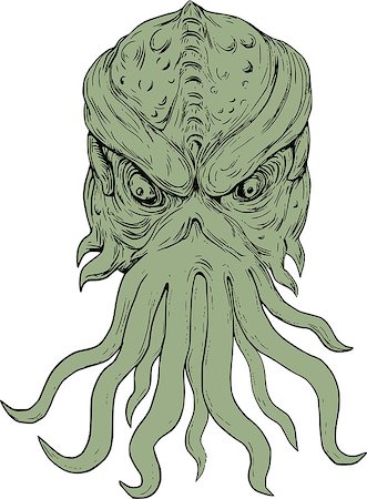 subterranean - Drawing sketch style illustration of a head of a subterranean mythical sea monster with octopus-like head whose face has tentacles or feeler viewed from front set on isolated white background. Stock Photo - Budget Royalty-Free & Subscription, Code: 400-08919023