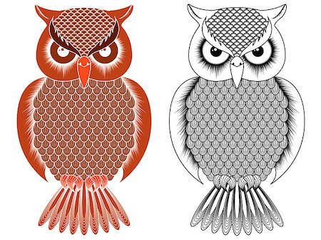 Black outline and orange owl stencil with round eyes isolated on the white background, vector illustration Stock Photo - Budget Royalty-Free & Subscription, Code: 400-08919091