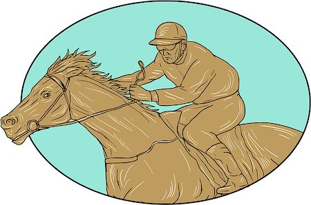 simsearch:400-08920013,k - Drawing sketch style illustration of horse and jockey racing viewed from the side set inside oval shape on isolated background. Foto de stock - Royalty-Free Super Valor e Assinatura, Número: 400-08919189