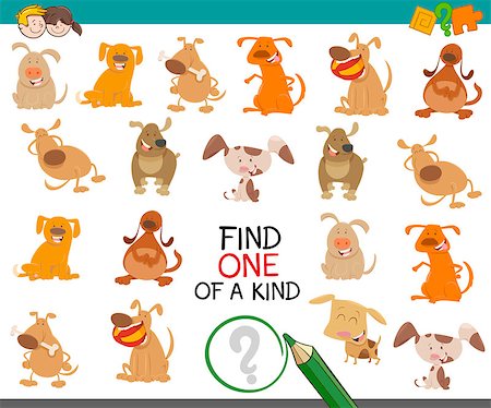 simsearch:400-08917554,k - Cartoon Illustration of Find One of a Kind Educational Activity Game for Preschool Kids with Dog Characters Photographie de stock - Aubaine LD & Abonnement, Code: 400-08919318