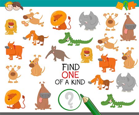 simsearch:400-08917554,k - Cartoon Illustration of Find One of a Kind Educational Activity Game for Preschool Kids with Cute Animal Characters Stockbilder - Microstock & Abonnement, Bildnummer: 400-08919320