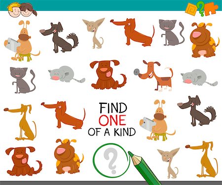 simsearch:400-09091850,k - Cartoon Illustration of Find One of a Kind Educational Activity Game for Preschool Kids with Dogs Animal Characters Stock Photo - Budget Royalty-Free & Subscription, Code: 400-08919321