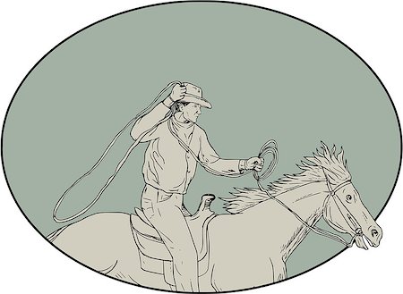 simsearch:400-08916977,k - Drawing sketch style illustration of a cowboy holding lasso riding horse viewed from the side set inside oval shape. Stock Photo - Budget Royalty-Free & Subscription, Code: 400-08919354