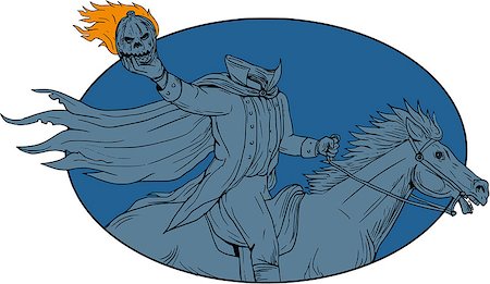 simsearch:400-08917363,k - Drawing sketch style illustration of a headless horseman riding horse holding pumpkin head Jack-o-Lantern viewed from the side set inside oval shape on isolated background. Stock Photo - Budget Royalty-Free & Subscription, Code: 400-08919355