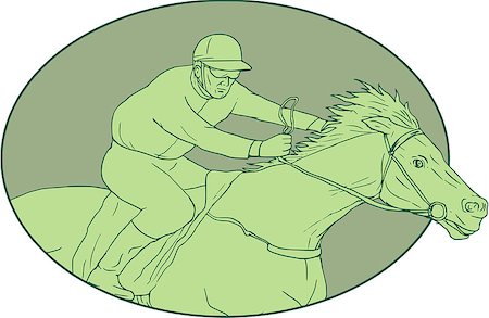simsearch:400-08920013,k - Drawing sketch style illustration of jockey riding a horse racing viewed from the side set inside oval shape on isolated background. Foto de stock - Royalty-Free Super Valor e Assinatura, Número: 400-08919356