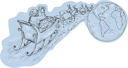 simsearch:400-08623964,k - Drawing sketch style illustration of santa on a sleigh with reindeers delivering gifts aournd the world viewed from the rear. Foto de stock - Royalty-Free Super Valor e Assinatura, Número: 400-08919360