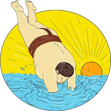 simsearch:400-08917792,k - Drawing sketch style illustration of a Japanese sumo wrestler diving into water sea set inside circle with sunset in the background. Photographie de stock - Aubaine LD & Abonnement, Code: 400-08919362