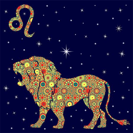 Zodiac sign Leo with colorful flowers fill in warm hues on a background of the blue starry sky, vector illustration Foto de stock - Super Valor sin royalties y Suscripción, Código: 400-08919448