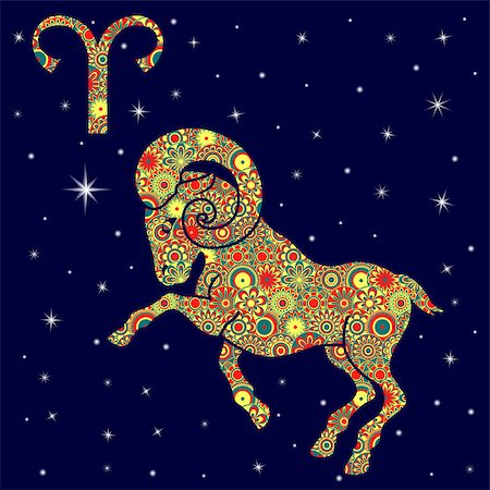 simsearch:400-09052492,k - Zodiac sign Aries with colorful flowers fill in warm hues on a background of the blue starry sky, vector illustration Stock Photo - Budget Royalty-Free & Subscription, Code: 400-08919443