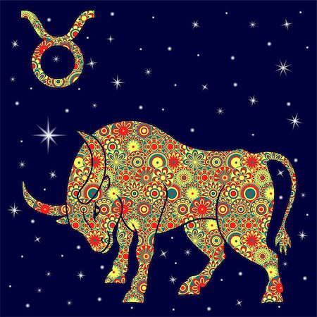 simsearch:400-09052492,k - Zodiac sign Taurus with colorful flowers fill in warm hues on a background of the blue starry sky, vector illustration Stock Photo - Budget Royalty-Free & Subscription, Code: 400-08919453