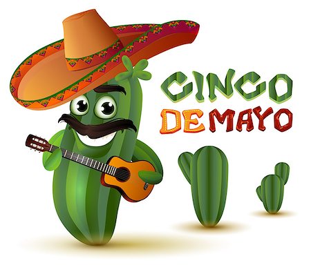 simsearch:6119-08351259,k - Mexican fun cactus in sombrero plays guitar. Cinco de mayo. Isolated on white vector cartoon illustration Photographie de stock - Aubaine LD & Abonnement, Code: 400-08919557