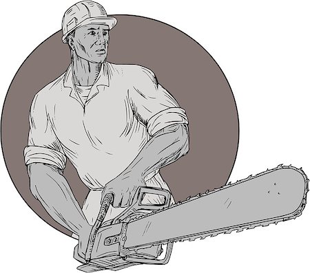 simsearch:400-08917792,k - Drawing sketch style illustration of lumberjack arborist tree surgeon wearing helmet holding operating a chainsaw viewed from front set inside circle on isolated background. Photographie de stock - Aubaine LD & Abonnement, Code: 400-08919574