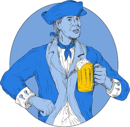 simsearch:400-08623964,k - Drawing sketch style illustration of an american patriot holding beer mug toasting viewed from front set inside oval shape on isolated background. Foto de stock - Royalty-Free Super Valor e Assinatura, Número: 400-08919571